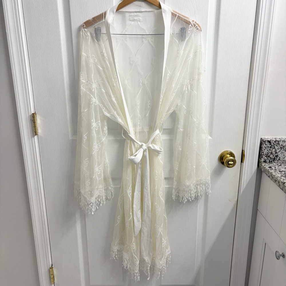 Sheer Bow Detail White Robe XL Coquette Girl Dainty Feminine Bridal Fringe Trim